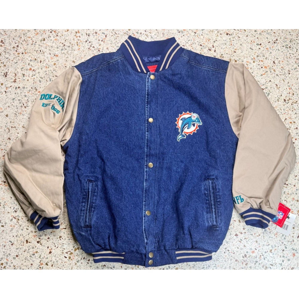 NFL Miami Dolphins Vintage Embroidered Button Up Varsity Denim Jacket Size M